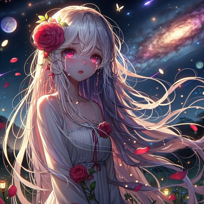 Enchanting Anime Girl with White Hair and Crimson Tears - Stunning Scene