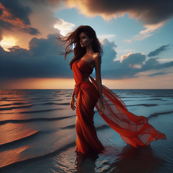 Elegant Indian Woman in Orange Chiffon Saree by the Ocean