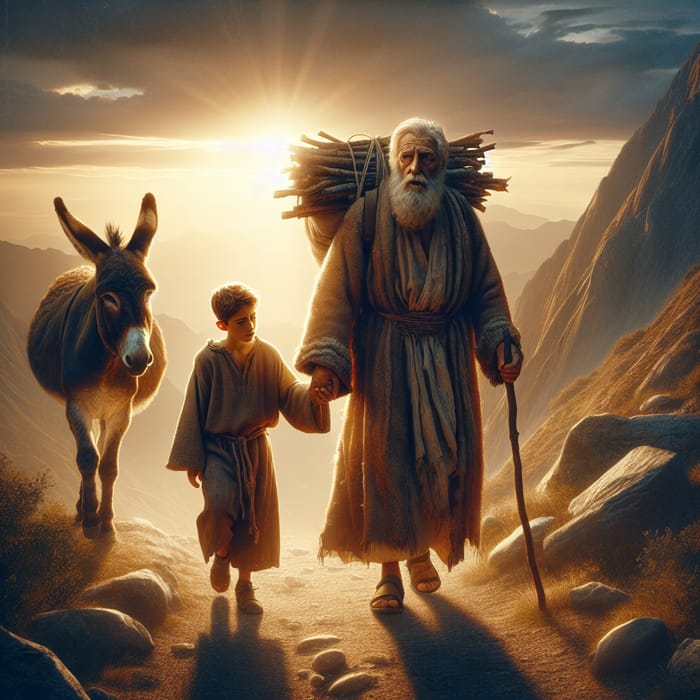 Solemn Biblical Scene: Abraham Leads Isaac Uphill with Obedience & Determination