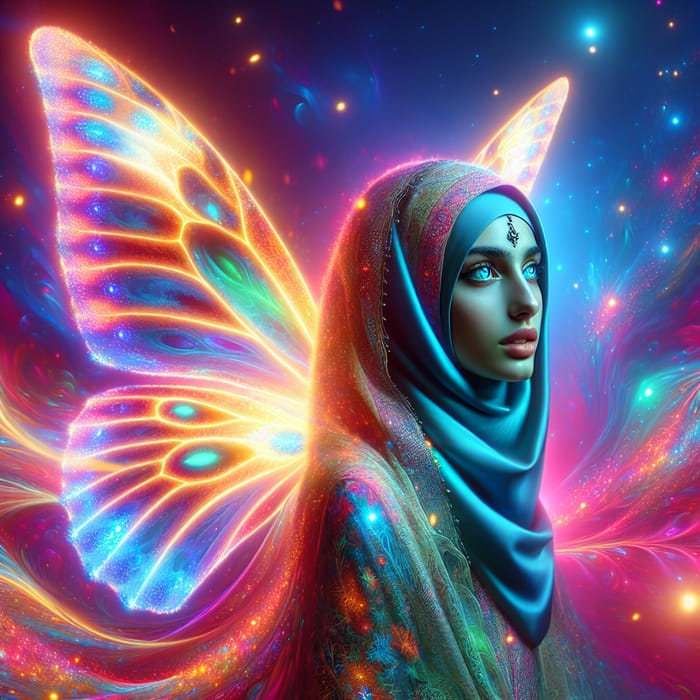 Surreal Digital Portrait of Middle-Eastern Woman with Luminescent Butterfly Wings