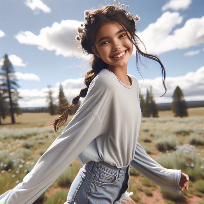 Joyful Middle Eastern Girl Dancing in Wildflower Field