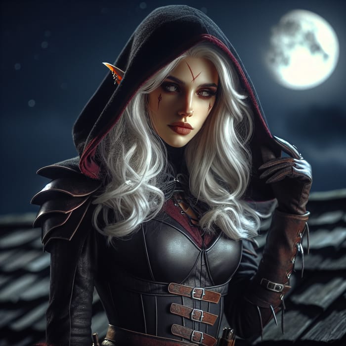 Fierce Half-Elf Rogue on Rooftop | Nighttime Moon Scene