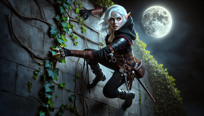 Moon Elf Girl Scaling Wall | Ethereal Climbing Illustration