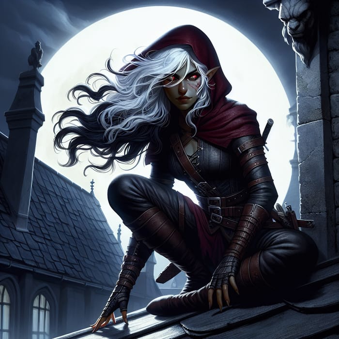 South Asian Half-Elf Girl: Moonlit Rooftop Illustration