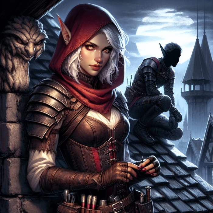 Half-Elf Rogue in Moonlit Cityscape | Concept Art Style