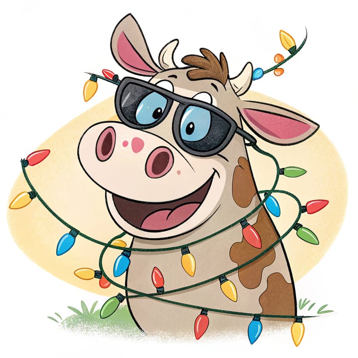 Happy Cartoon Cow in Christmas Lights