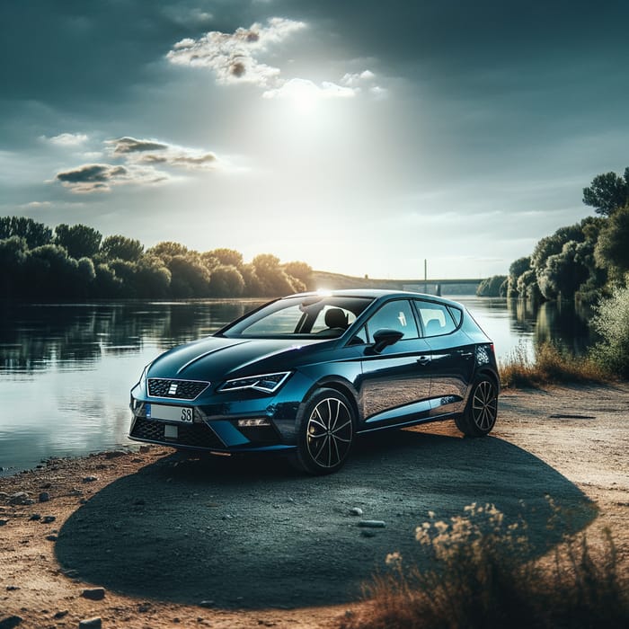 Dark Blue Seat Leon Parked by Tranquil Riverside - Captivating HD Image