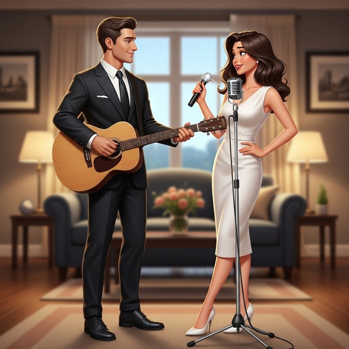 Animated Couple: Black Suit & White Dress Elegance Animated Couple: Black Suit & White Dress Elegance