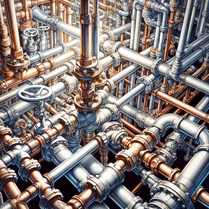 Realistic Watercolor Painting of Intricate Plumbing Network