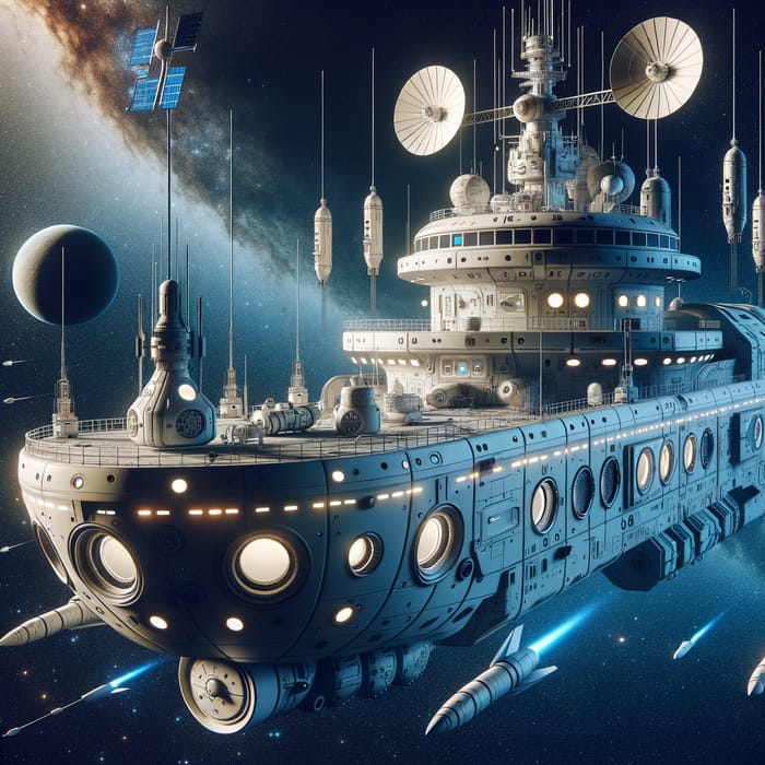 Futuristic Research Vessel with Solar Panels and Panoramic View