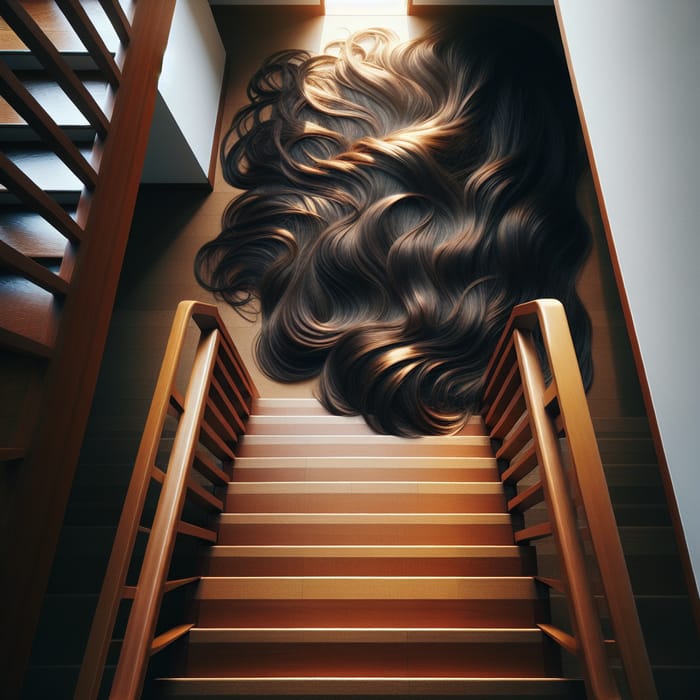 Immersive Long Hair Display on Wood Stairs | Top-View Glamour