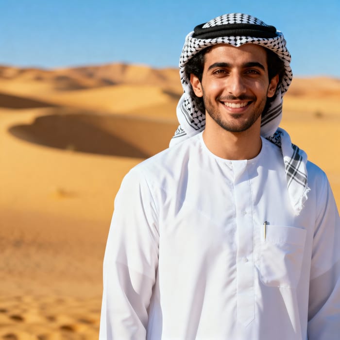 Traditional Saudi Attire in Desert Landscape Traditional Saudi Attire in Desert Landscape