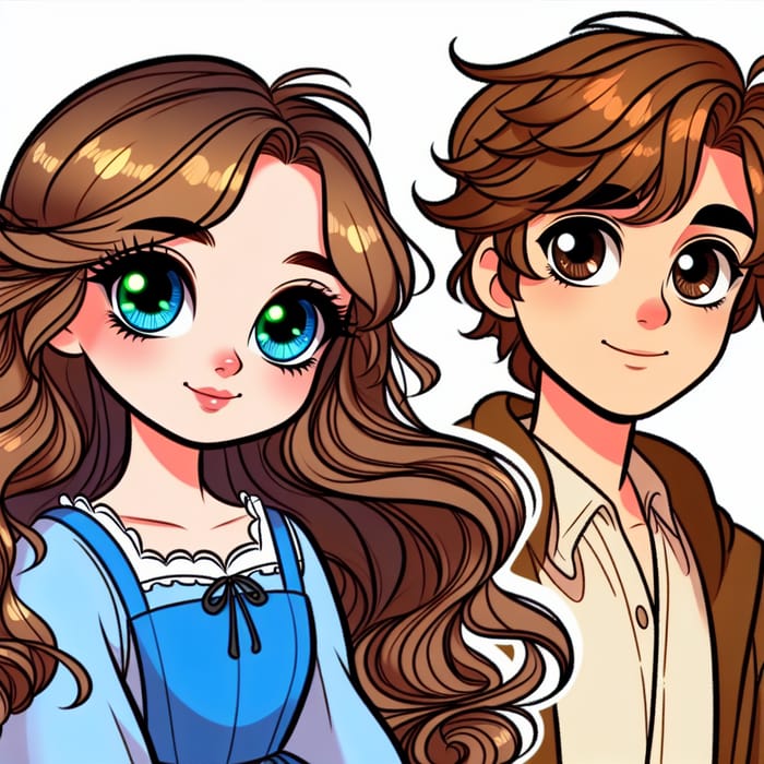 Disney Pixar Long Wavy Hair Brunette-Blonde Girl & Brown-Eyed Boy