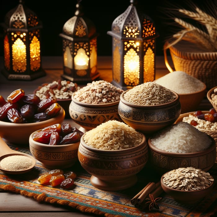 Ramadan Whole Grains Display: Brown Rice, Oats, Barley, Quinoa