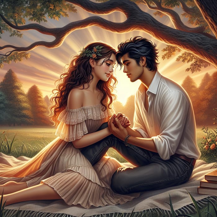 Romantic Park Scene: Young Hispanic Woman & South Asian Man in Love