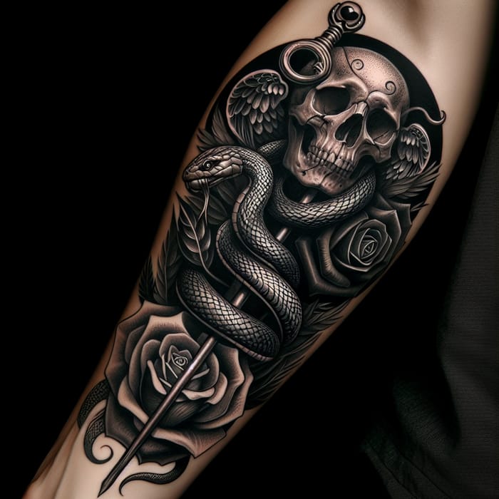 Skull and Snake Tattoo with Black Rose