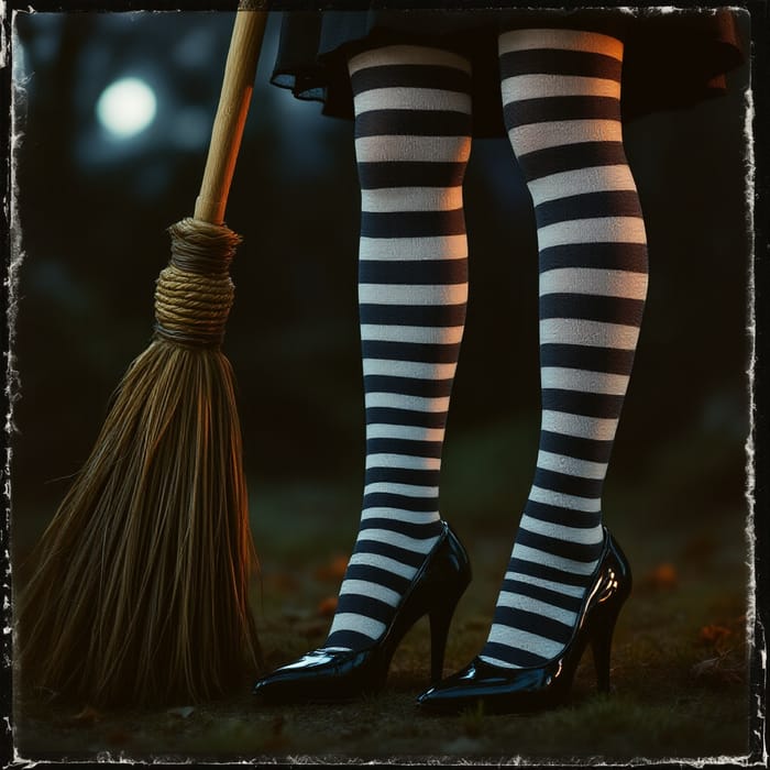 Whimsical Witch Legs in Striped Tights - Nighttime Photo