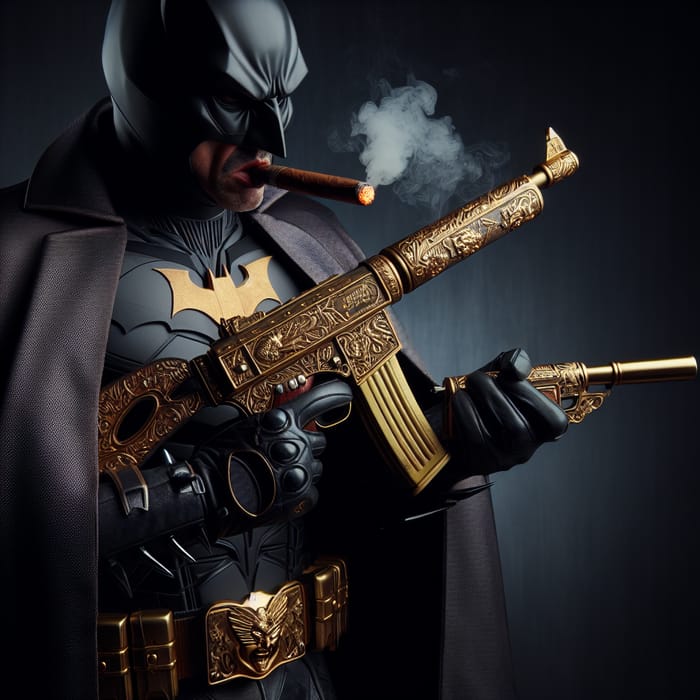 Dark Vigilante with Bat-Themed Costume and Gold AK-47