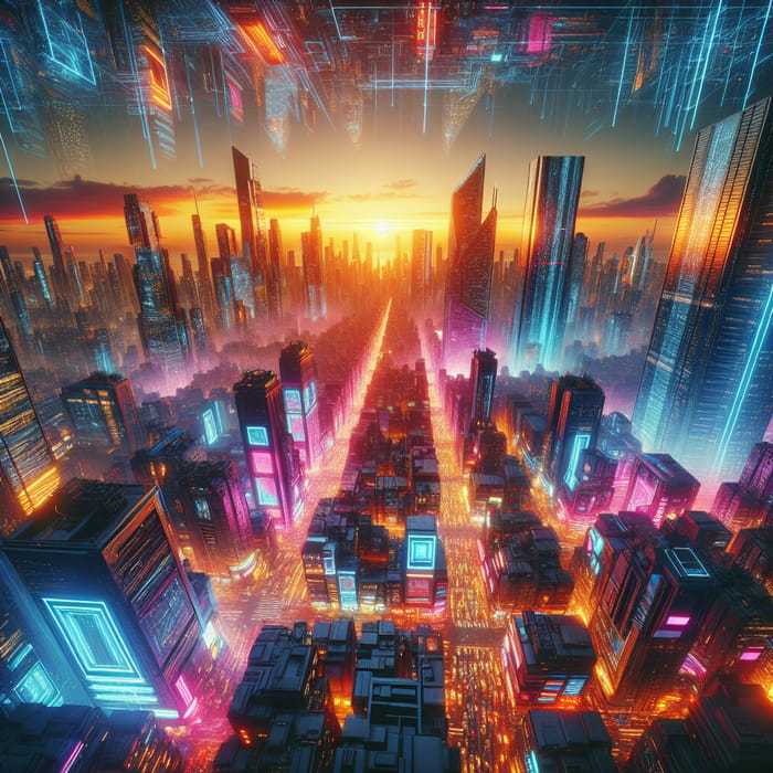 Neon Cyberpunk Cityscape at Sunset - Vibrant Streets