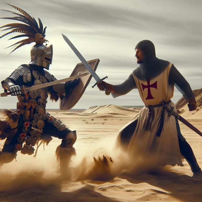 Aztec Warrior Battles Templar Knight in Desert