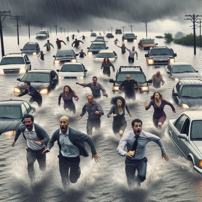 Disaster Flood: People Fleeing Submerged Cars