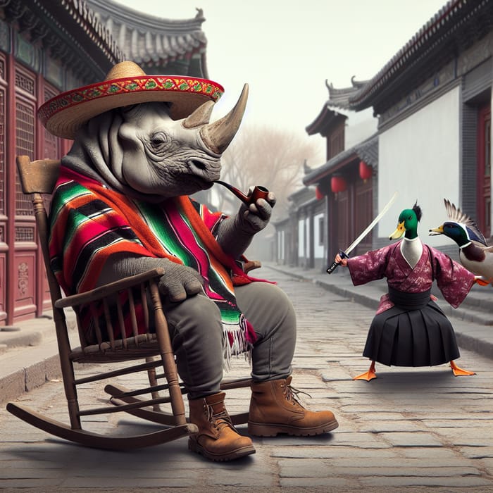 Realistic Rhinoceros in Mexican Sombrero vs. Ducks in Kimonos - Epic Showdown