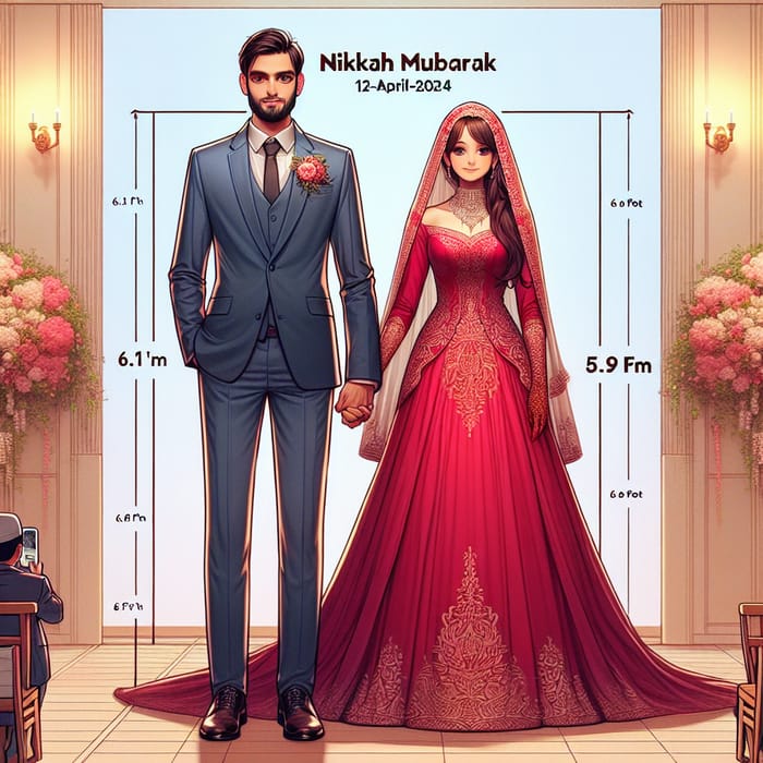 Nikkah Mubarak Wedding: Dark Blue Groom 6.1ft, Red Dress Bride 5.9ft