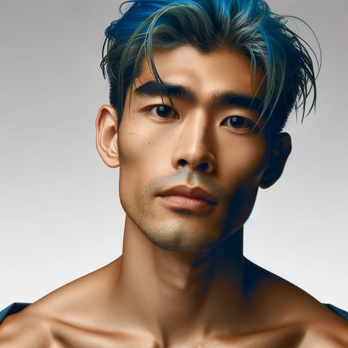 Captivating Blue-Haired Asian Man's Intense Gaze