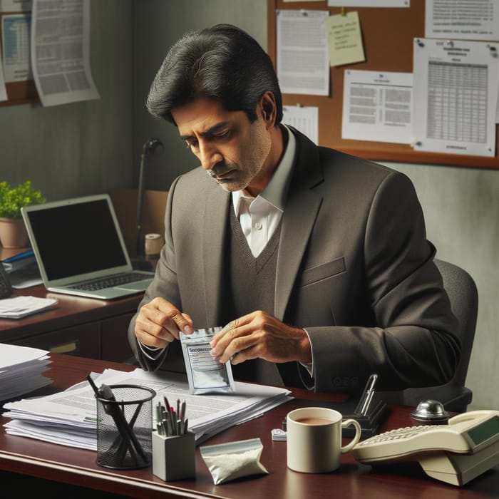 Focused Man Opening Cough Powder Sachet in Office Environment