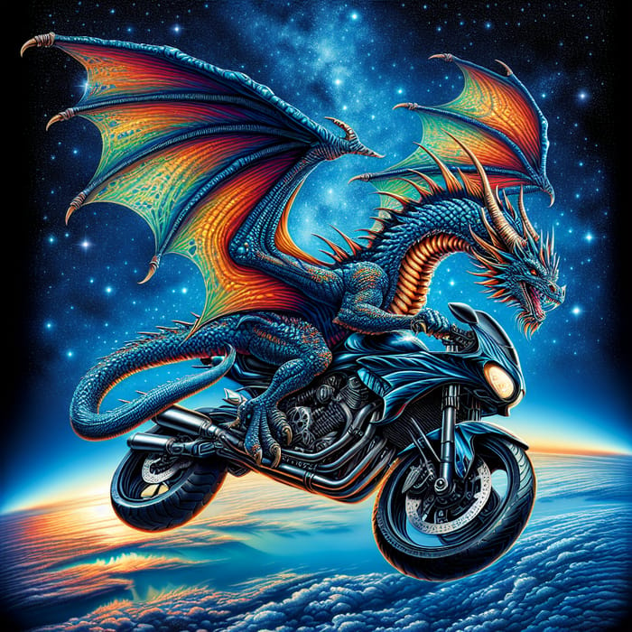 Dragon on Motorcycle Soaring Through Space - Unique Adventure