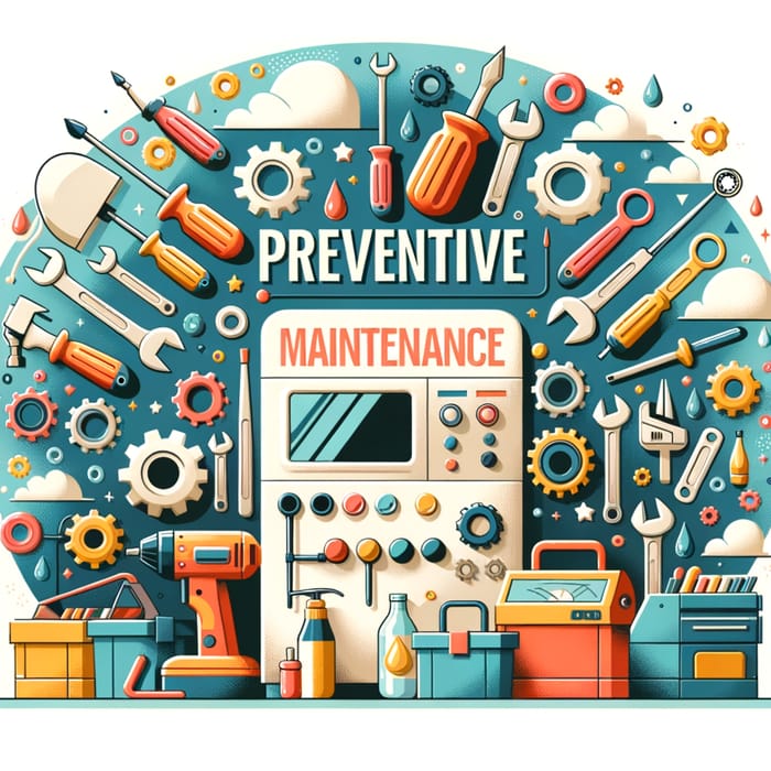 Whimsical Preventive Maintenance Image with Cartoonish Tools and Machines