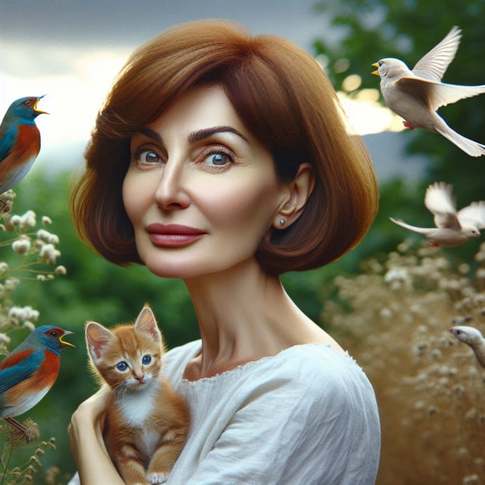 Armenian Woman in Pixar Style: 45-Year-Old with Russet Bob, Surrounded by Singing Birds & Ginger Kitten