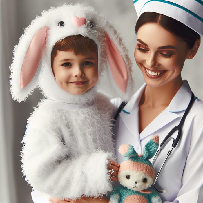 Adorable Bunny Boy and Nurse: Heartfelt Caregiver Moment