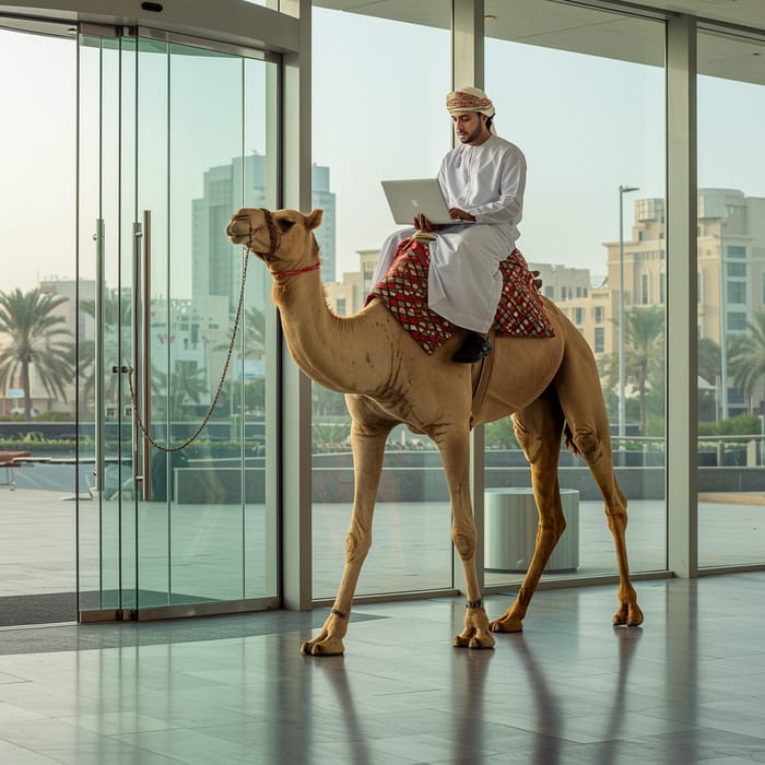 Omani Man on Camel Working with MacBook