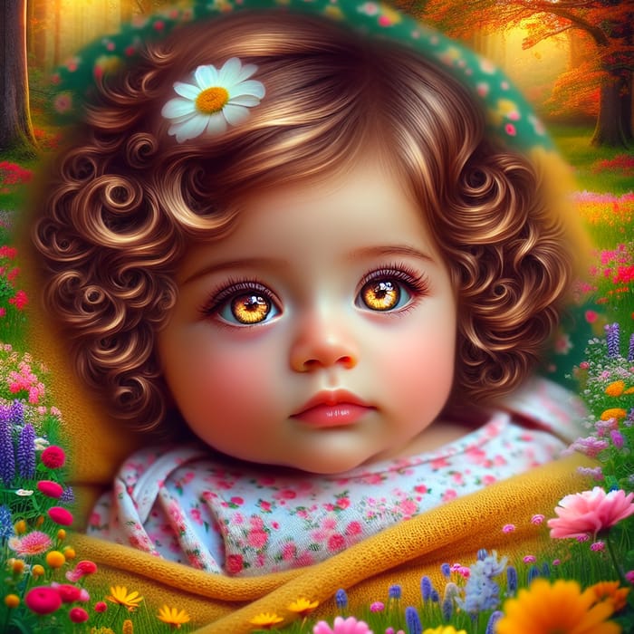 Golden-Eyed Baby Girl Enjoying Meadow with Flowers