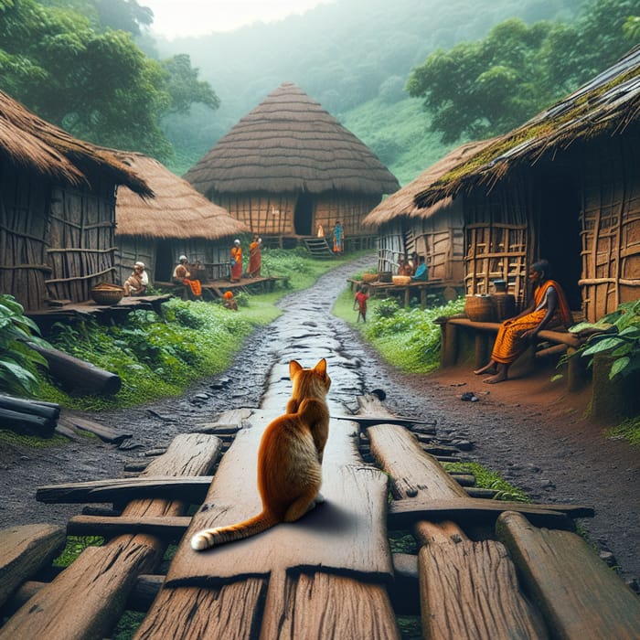 Cat Sitting in Old Indian Village Road Scene