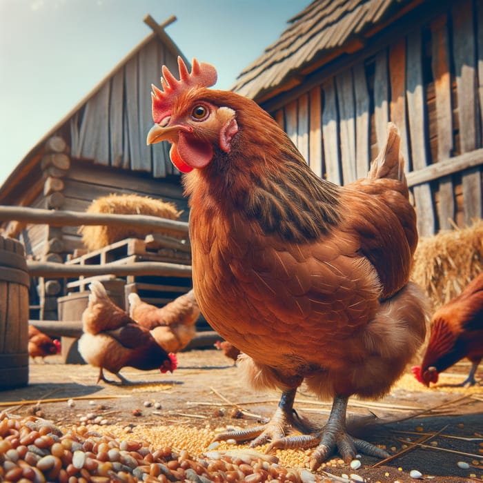 Rustic Hen Pecking Grains in Farmyard Scene