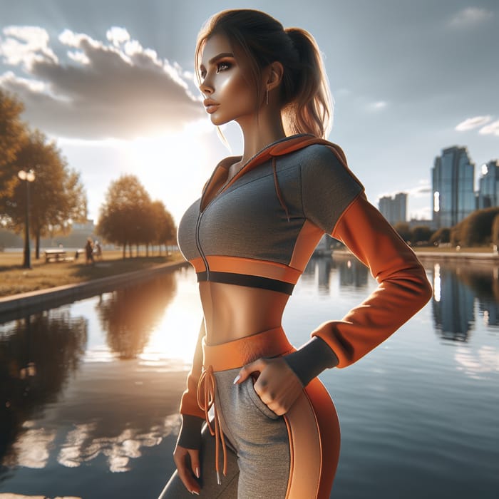 Fit Young Caucasian Woman Outfit Colors Orange Grey | Outdoor Setting