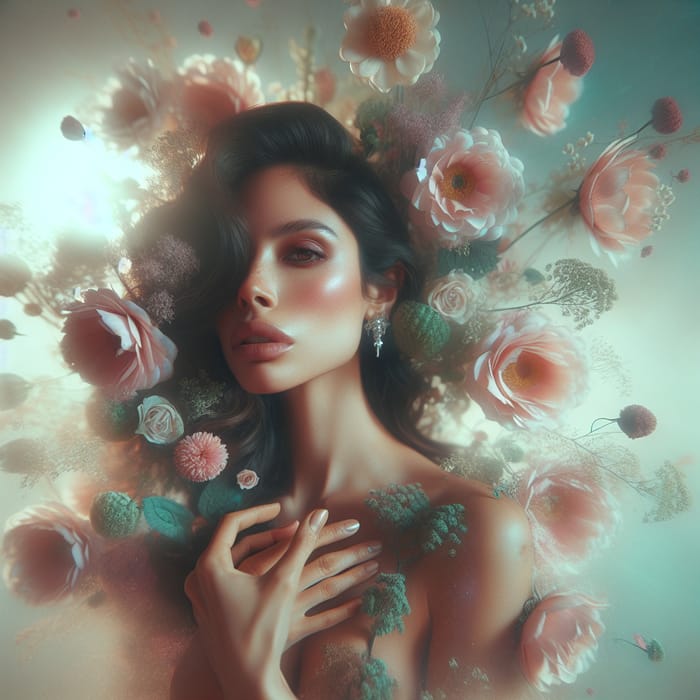 Enchanting Portrait of Hispanic Woman amidst Levitating Flowers