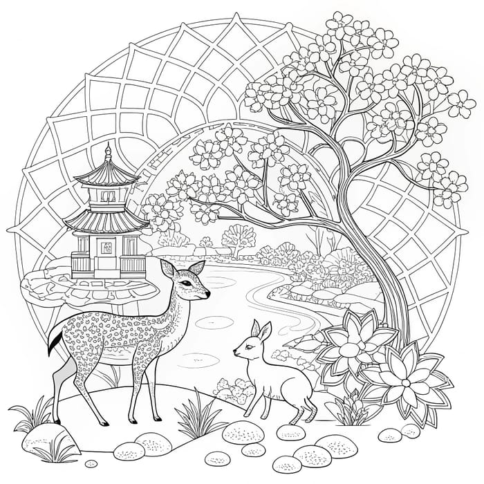 Japanese Garden Mandala Coloring Book: Deers & Lambs