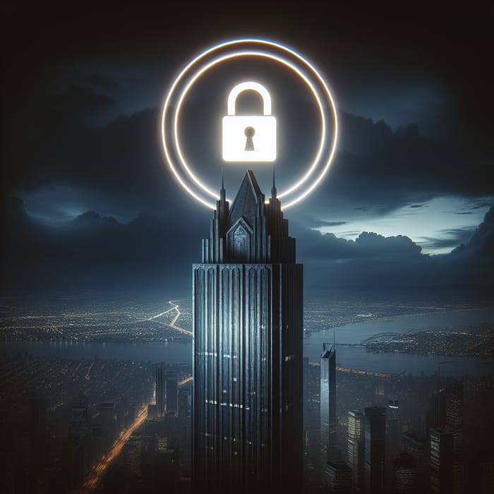 1Password Logo on Villain's Skyscraper Illuminated Against Ominous Sky