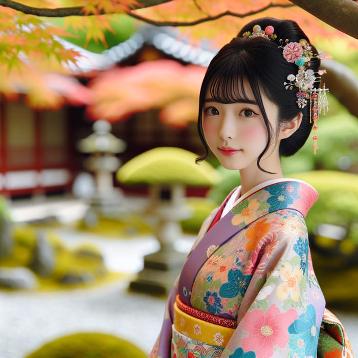 Japanese Girl in Colorful Kimono at Traditional Japanese Garden