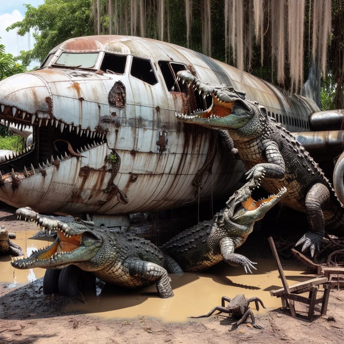 Crocodiles devouring aeroplane - Nature's power