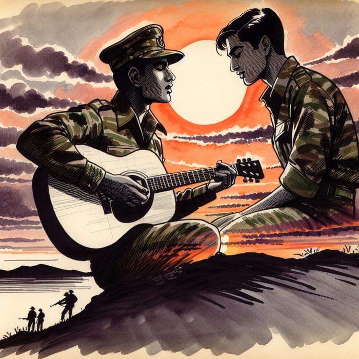 Military Soldier Playing Guitar in Camouflage Sunset Sketch