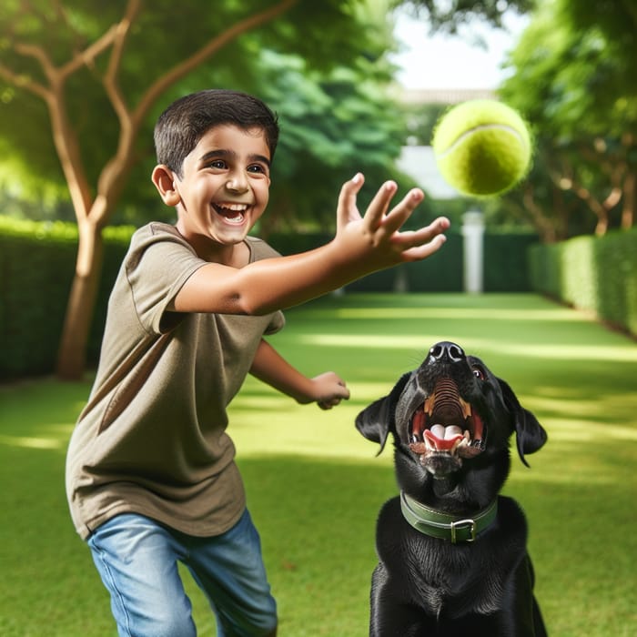 Playful Dog Plays with Boy in Green Park