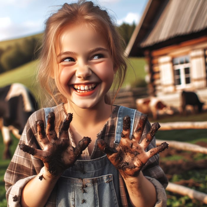 Heartwarming Rural Scene with Playful Girl and Cows