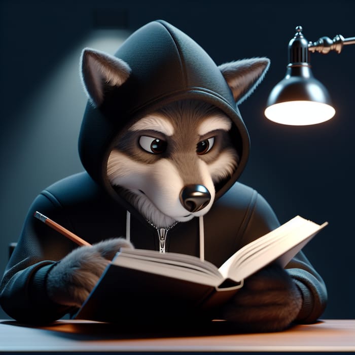 Animated Wolf in Black Hoodie Studying