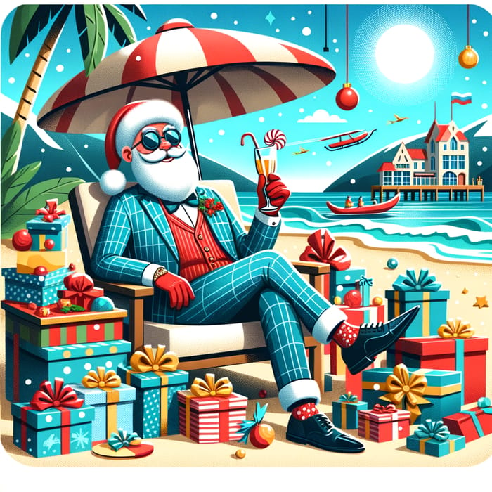 Stylish Ded Moroz Resting at Sea with Gifts: Festive Holiday Scene