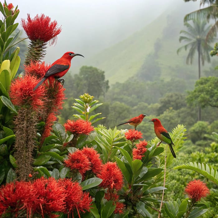 Scarlet Honey Creepers (Iiwi) of Hawaii