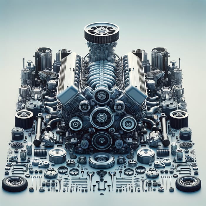 Sleek V8 Engine and Auto Parts on Blue Background